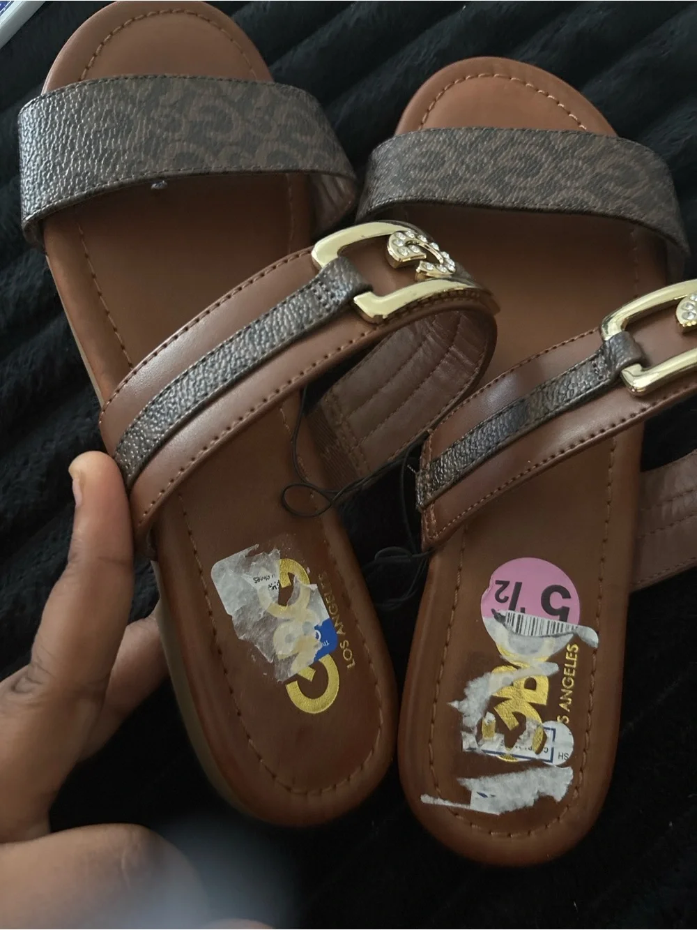 Brown Logo-Accent Women's Slide Sandals with Gold Buckle